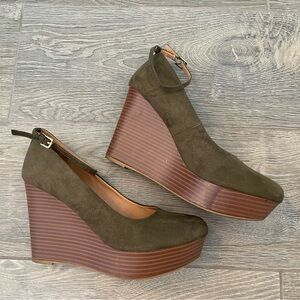 Olive Green Faux Suede Ankle Strap Wedge Heel